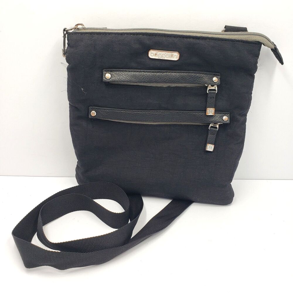 Baggallini Triple Zip Crossbody Bag Black Nylon Organizer Shoulder Purse Travel